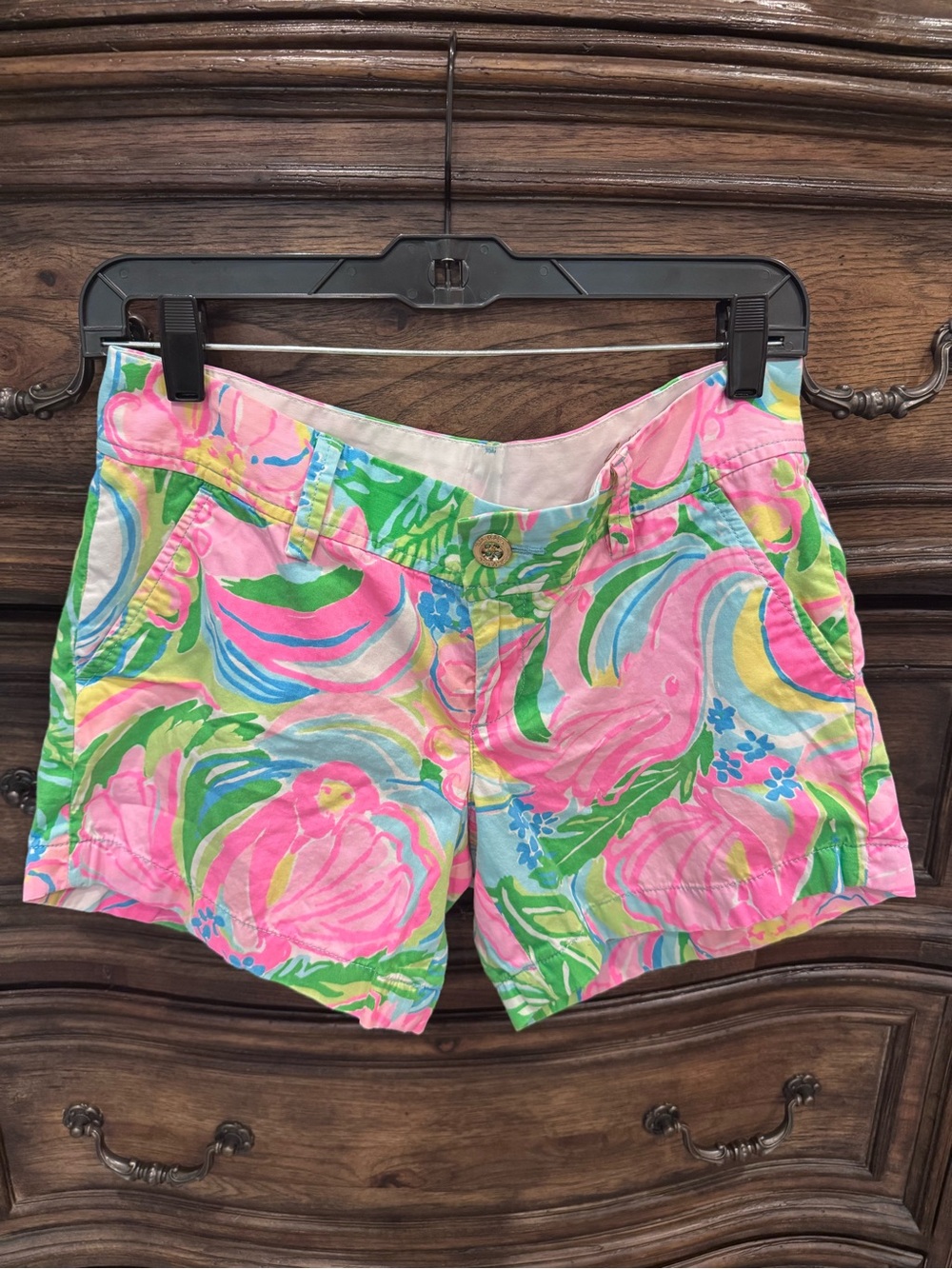 Lilly Pulitzer Pink Floral Cotton Bermuda Shorts with Green & Blue Accents